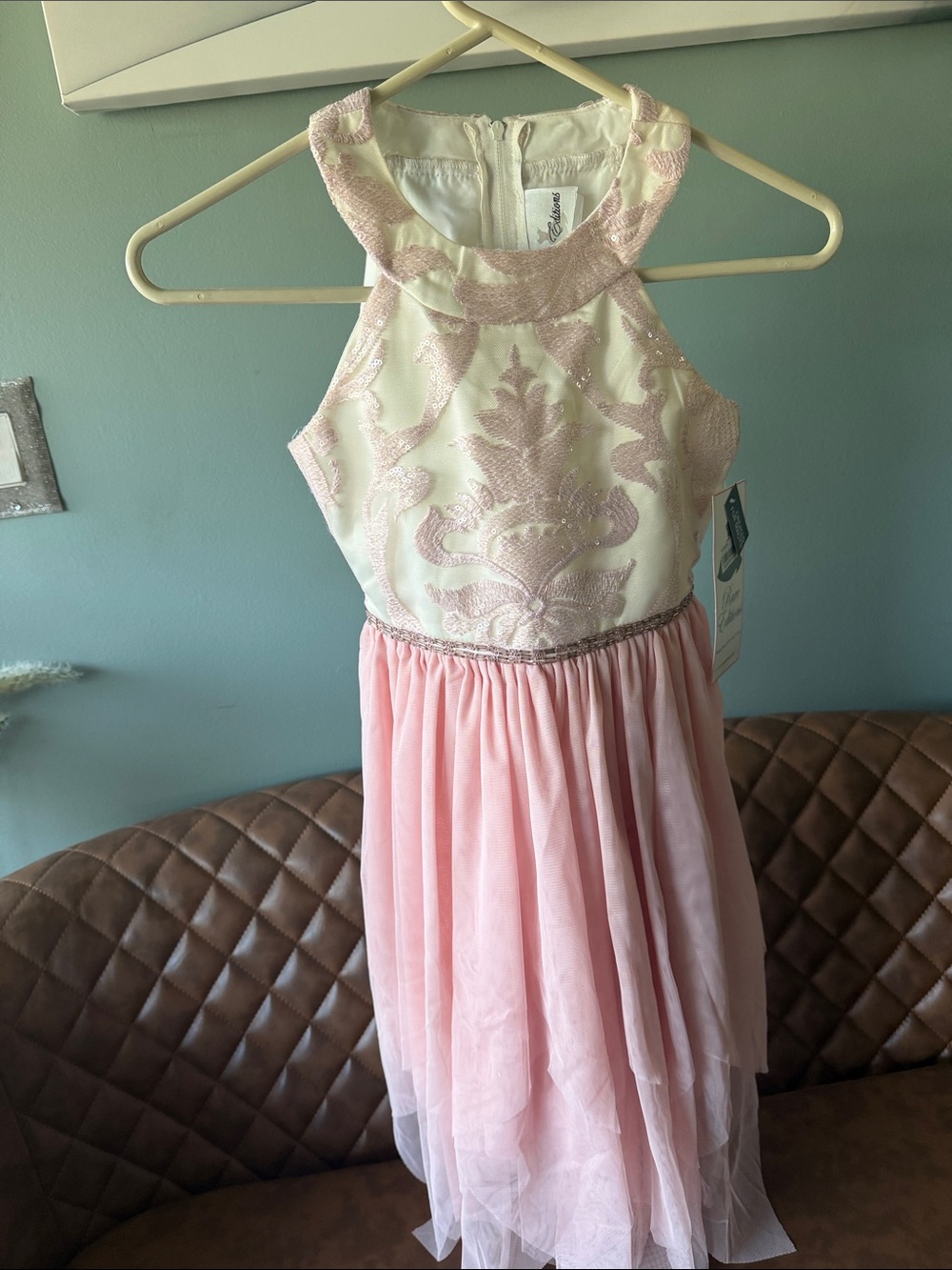 Macy's Pink and Ivory Embroidered Halter Tulle Party Dress